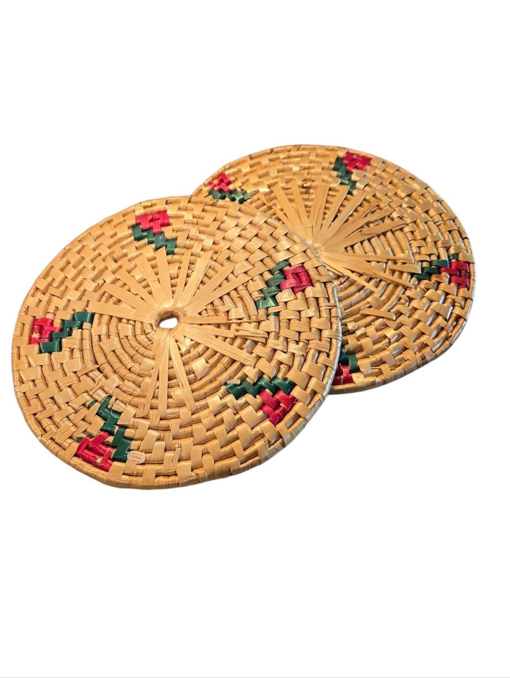 Vintage Trivets Handwoven Round Rattan Coasters with Red & Green Accents